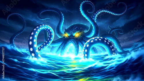 Epic Kraken Unleashes Fury Amidst Turbulent Ocean Waves with Electric Blue Glow