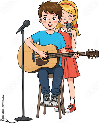 Children singing, playing guitar, music performance, duet, teamwork, microphone, acoustic concert, kids band, stage show, musical collaboration, red dress, boy singer