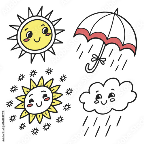 Cute cartoon sun with rays happy cloud raining and umbrella protecting from raindrops