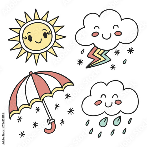 Cute cartoon weather icons including sun lightning cloud raining cloud and umbrella with snowflakes