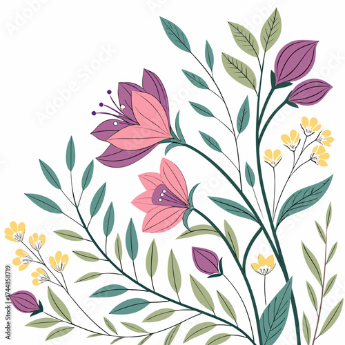 Elegant illustration of pink and purple bell shaped flowers with delicate yellow blossoms and green leaves on a white background