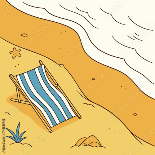 A single striped deck chair sits on a sandy beach next to the gentle ocean waves under a clear sky