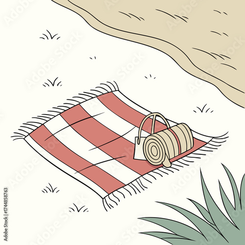 A charming illustration of a red and white checkered picnic blanket laid out on a sandy beach with a rolled up mat and bag