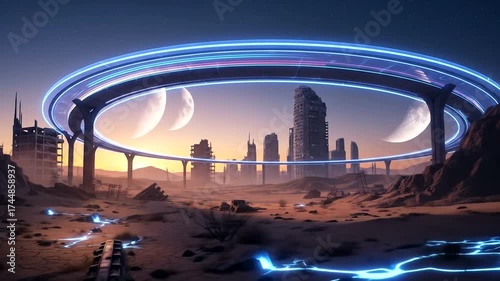 Futuristic desert landscape with a glowing ring and city skyline, science fiction scene