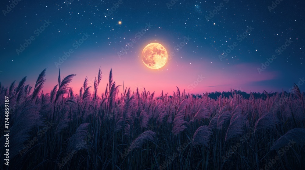 Naklejka premium Full moon and Japanese pampas grass in midnight,The harvest Miscanthus sinensis and full moon,beautiful night sky in the countryside with the perfect moon exudes beauty in the dark.