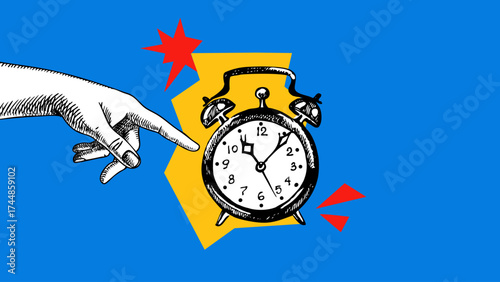 Modern art collage with sketch hand and ringing alarm clock. Time limit and deadline concept. Retro hand drawn vector illustration