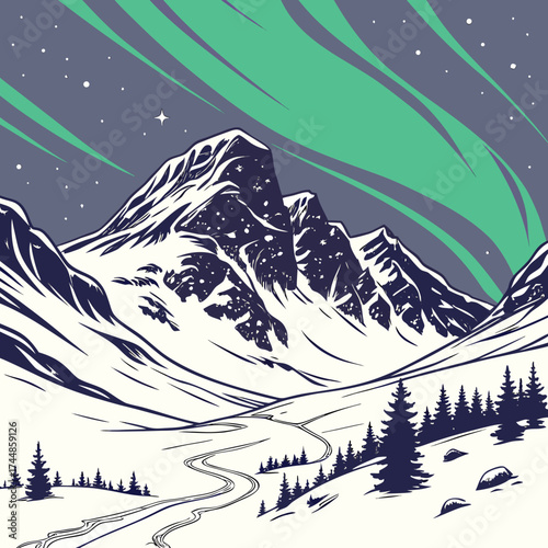 Snow covered mountain range under a vibrant green aurora borealis and starry night sky