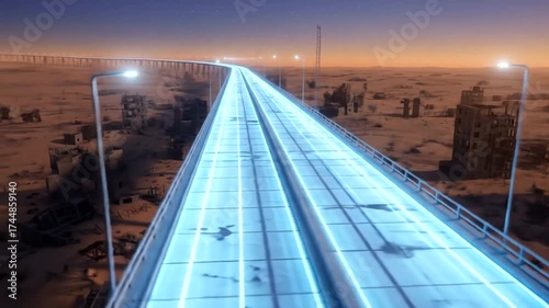 Futuristic Highway Over Desert Ruins, Concept Art Visualizing Urban Decay, Glowing Lights