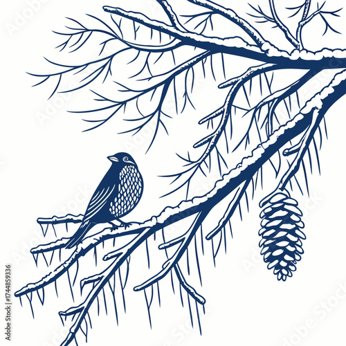 A solitary bird perched on a snow covered branch with icicles and a pinecone in a winter forest scene