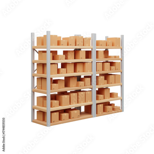 3D Rendering of Warehouse Shelf with Cardboard Boxes. Ecommerce Logistics Shipping and Delivery Concept on Black Background.