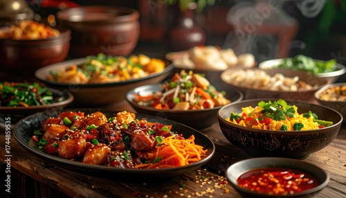 Varied Asian Dishes in Bowls on Wooden Tabletop Under Dramatic Lighting