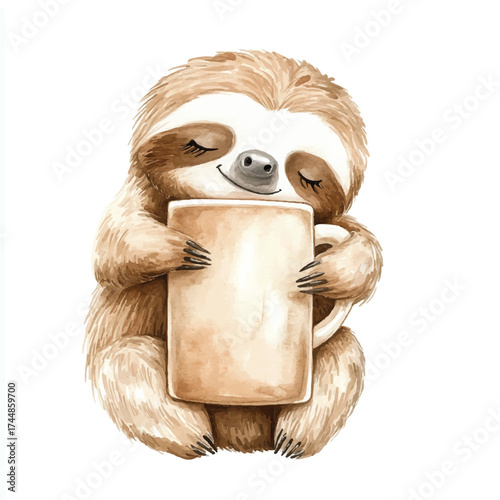Cute sloth holding a coffee cup adorable animal relaxing moment enjoying a drink heartwarming image peaceful scene.