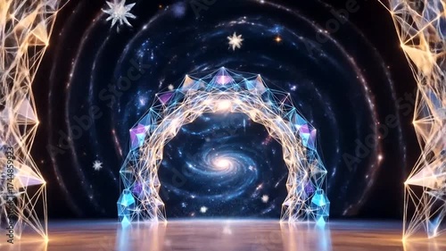Magical Portal to Another Dimension with Geometric Gateways and Galaxy Background