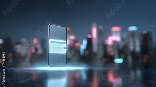 A digital wallet hologram emanates from a smartphone against a blurred neon city skyline at night