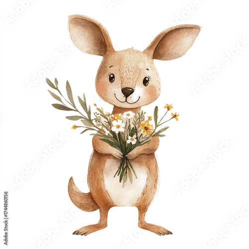 Cute watercolor baby kangaroo holding a bouquet of wildflowers.