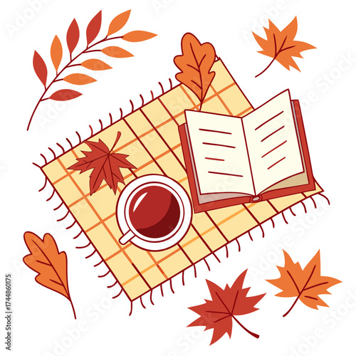 Cozy autumn scene with an open book hot drink and falling leaves on a checkered blanket