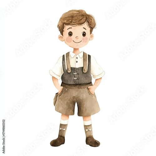 Cute Watercolor Boy in Traditional German Lederhosen Outfit.