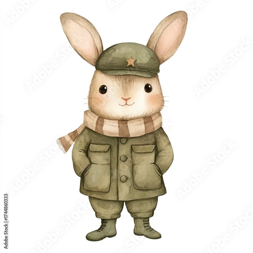 Cute watercolor bunny dressed as a soldier in uniform.