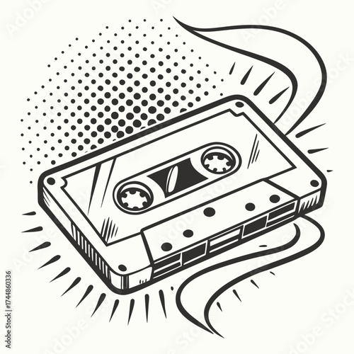 Retro cassette tape with pop art halftone dots and radiating lines in a stylized graphic illustration
