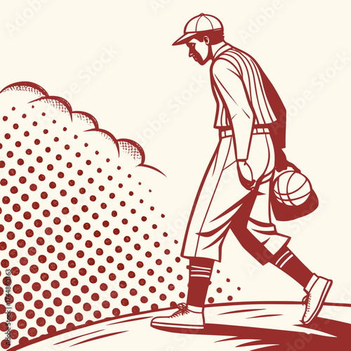 Retro baseball player walking away from the game holding his baseball and looking dejected with a comic book style background