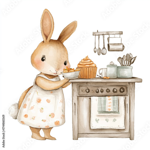 Cute watercolor bunny in a dress baking a cupcake in a kitchen.