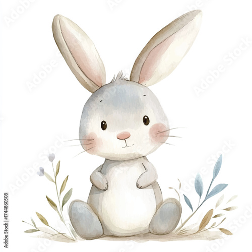 Cute watercolor bunny rabbit sitting in a field of delicate plants.