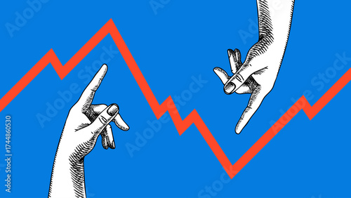 Modern collage of sketch hands pointing up and down with red zigzag market trends line. Business growth, financial, data analytics, economic design. Retro hand drawn vector illustration.