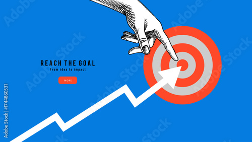 Achieve goal concept trendy modern collage. Rising arrow chart and sketch hand pointing to center of dartboard. Achieve target, business goal, success design. Hand drawn vector illustration
