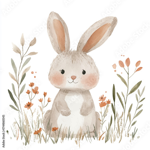 Cute watercolor bunny rabbit sitting in grass with flowers.