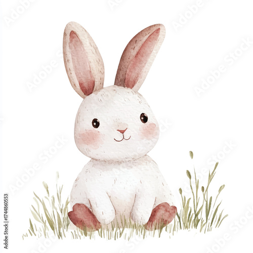 Cute watercolor bunny rabbit sitting in grass with pink cheeks and big ears.