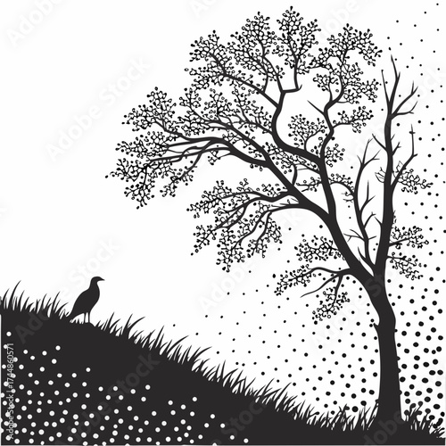 Silhouette of a solitary bird standing on a grassy hill beneath a stylized tree with scattered dots