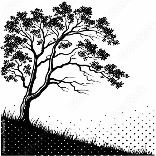 Stylized black silhouette of a deciduous tree with dense foliage on a white background with grass and scattered dots