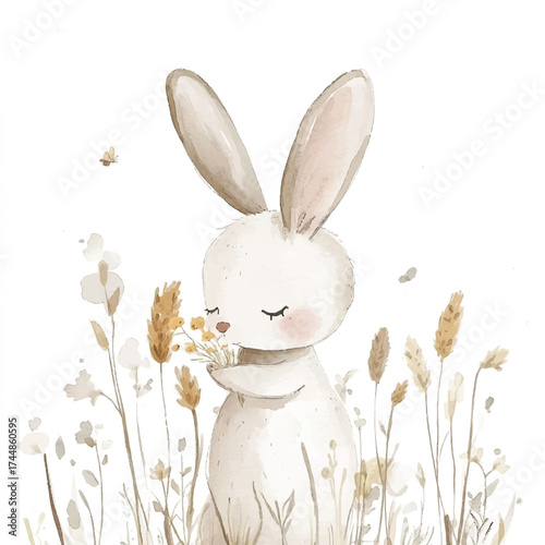 Cute watercolor bunny smelling flowers in a field.
