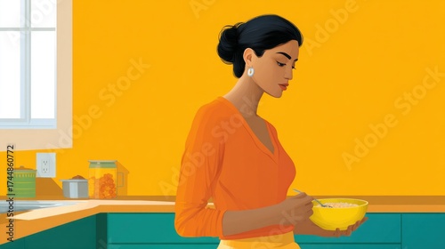 Young woman eating breakfast in colorful kitchen