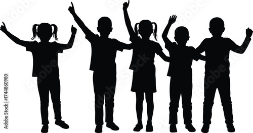 Silhouette of group of happy children raising hands, friendship and unity concept, kids playing together, childhood joy vector illustration for education and family design