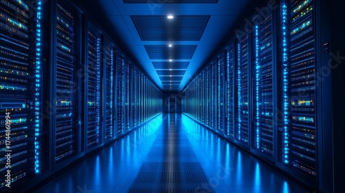 A futuristic data center corridor filled with glowing blue server racks illuminated by modern lights, technology, artificial intelligence, cloud storage, big data, machine learning and innovation.