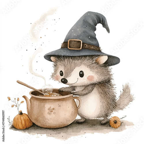 Cute watercolor hedgehog witch stirring a magical potion in a cauldron.