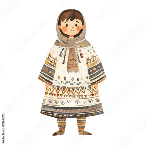 Cute Watercolor Illustration of a Girl in Traditional Folk Costume.