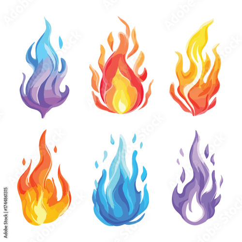 Set of isolated flames in vibrant colors on white background