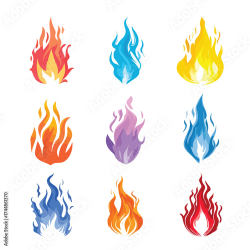 Fiery flame illustration set isolated on white background