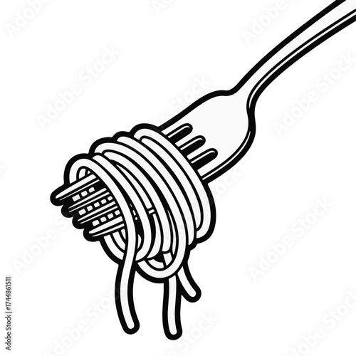 Stainless steel fork with pasta twirled on its tines, isolated on a white background, a common kitchen utensil for a delicious meal concept