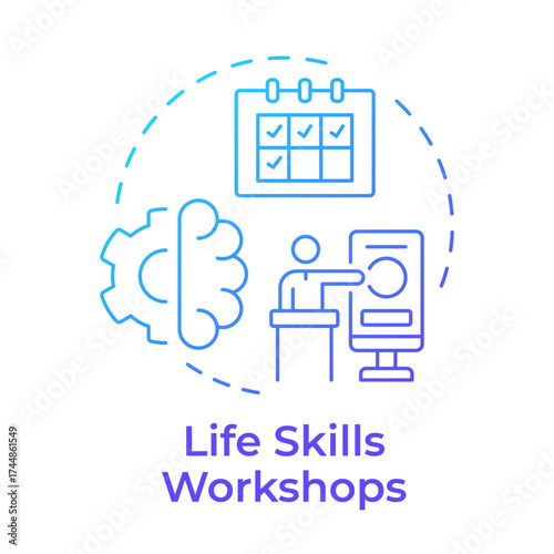 Life skills workshops blue gradient concept icon. Learning sessions for personal development. Self education. Round shape line illustration. Abstract idea. Graphic design. Easy to use in article