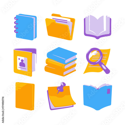 Vector business icons set: yellow 3D folder and document file symbols for data storage and organization