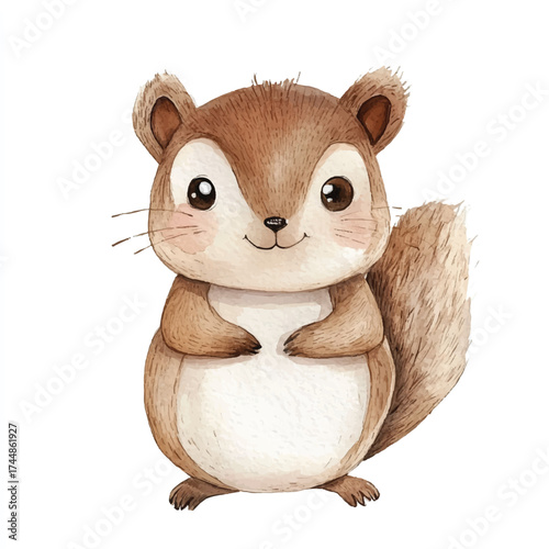 Cute watercolor squirrel character with big eyes and fluffy tail.