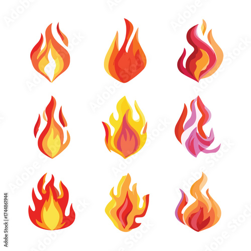 Dynamic flame illustrations set on white background