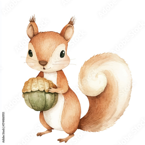 Cute watercolor squirrel holding an acorn.