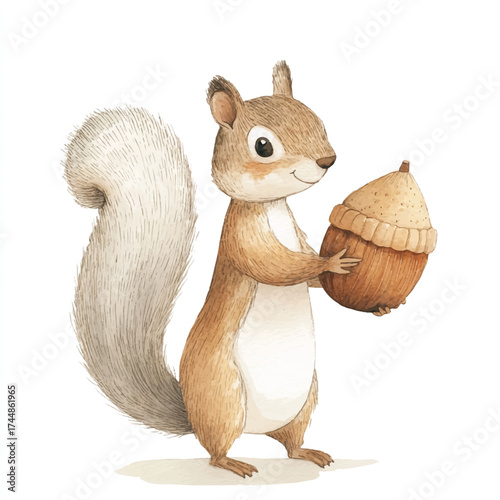 Cute watercolor squirrel holding an acorn illustration.