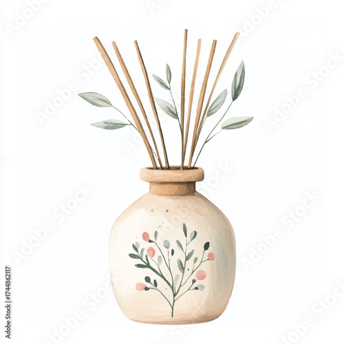 Decorative ceramic vase with wooden aroma sticks and floral design.