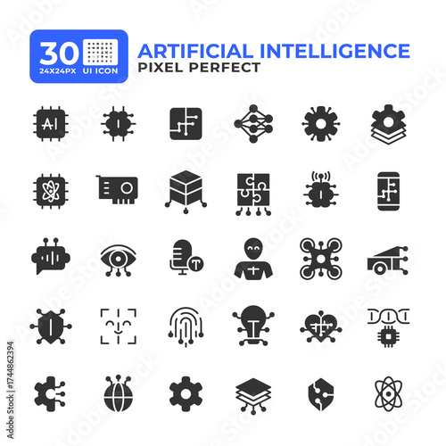 Artificial intelligence glyph ui icons set. Data processing, management. Cloud infrastructure. Black solid symbols vector iconset. User interface flat elements collection, pixel perfect