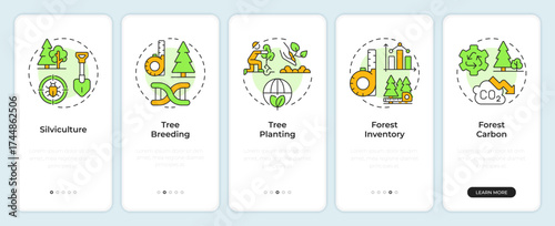 Forest management onboarding mobile app screen. Tree planting. Walkthrough 5 steps editable graphic instructions with linear concepts. UI, UX, GUI. Montserrat SemiBold, Regular fonts used